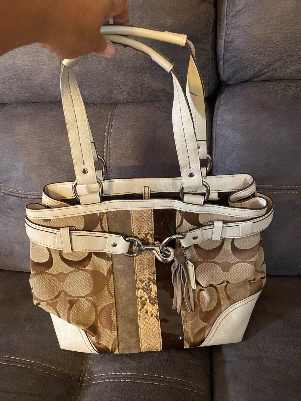 Coach Brown Signature Canvas Shoulder Tote with Cream Trim